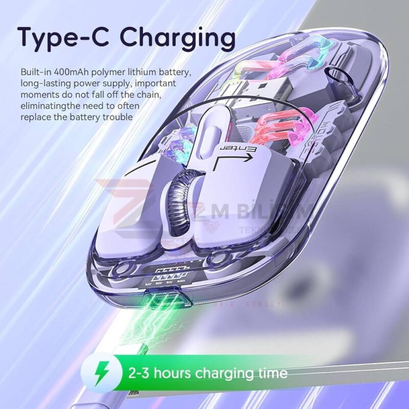 Zm RGB Işıklı Şeffaf Kablosuz Bluetooth USB Dangıllı Lila Kablosuz Mouse - Görsel 3