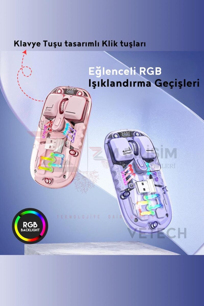 Zm RGB Işıklı Şeffaf Kablosuz Bluetooth USB Dangıllı Lila Kablosuz Mouse - Görsel 4